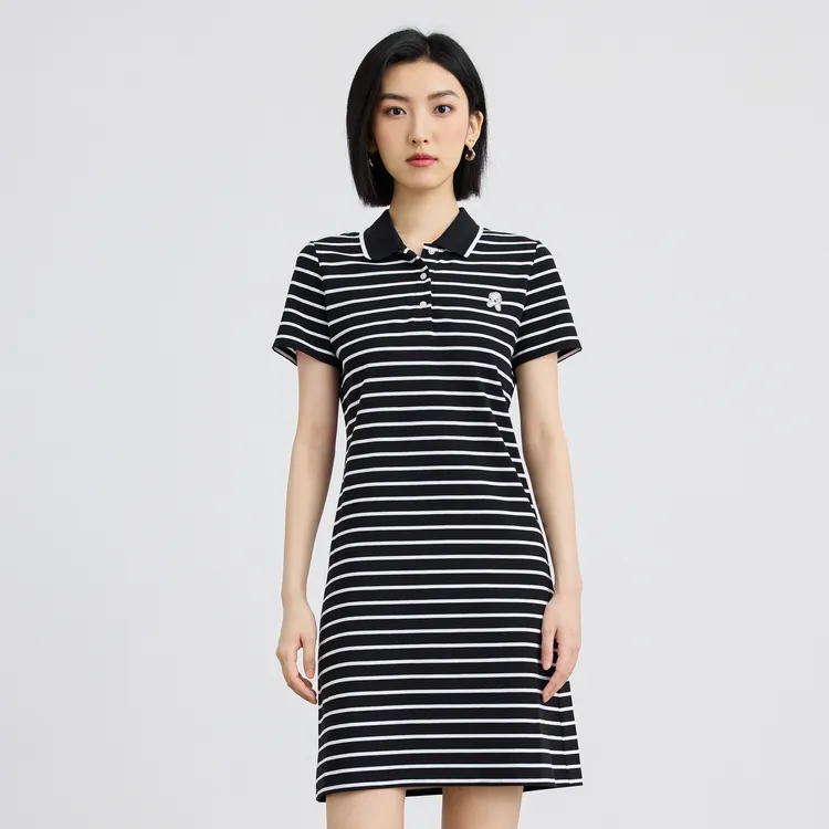 SHUIYUNJIAN Short Sleeved Dress Women's Black Stripes-3