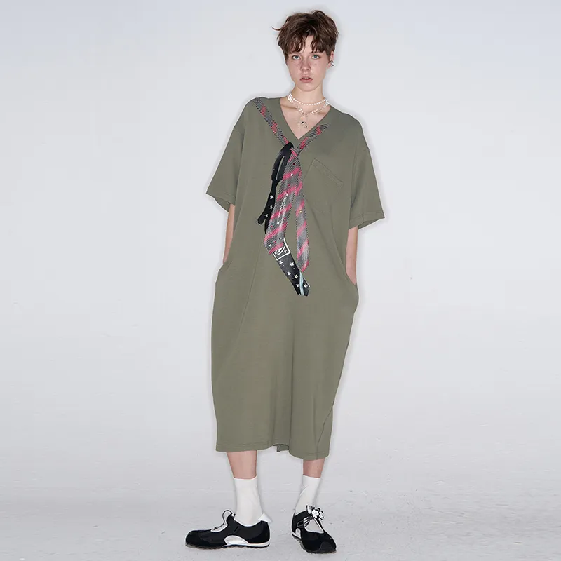 ELF SACK Short Sleeved Dress Women's Tie Gray Green-2