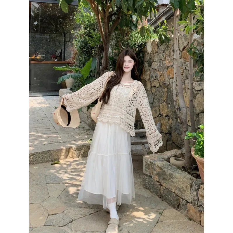 SNZX Two Piece Skirt Sets Women's Clothing Set Apricot Cover Up+White Skirt-2