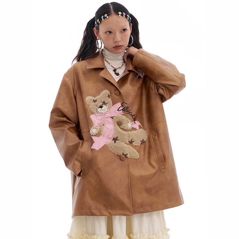 ELF SACK Leather Jacket Women's Patchy Yellow Coffee-2