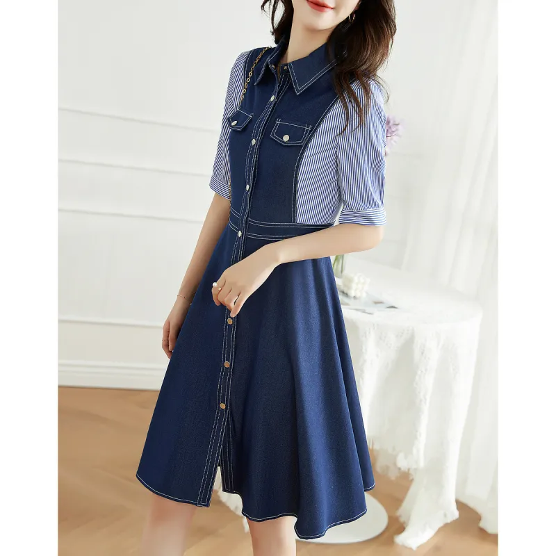 Like The Age Of Water Short Sleeved Dress Women's Denim Blue-1