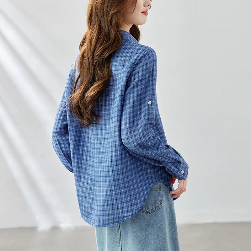 ONE SHALLOW Shirt Women's Small Blue Plaid-1