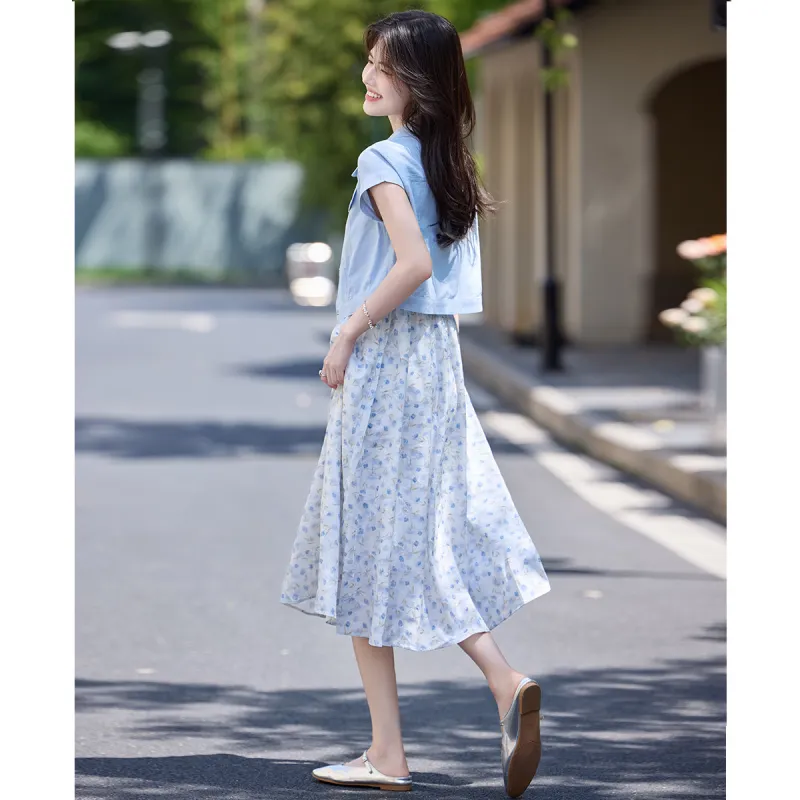 TERRE BLEUE Two Piece Skirt Sets Women's Blue-4