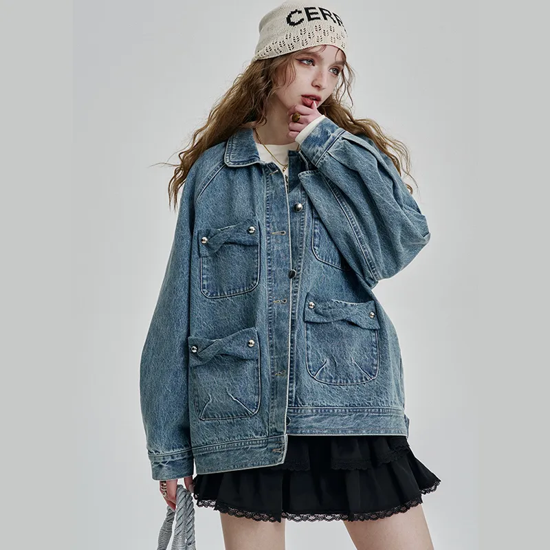ELF SACK Denim Jacket Women's Washed Denim Blue-2