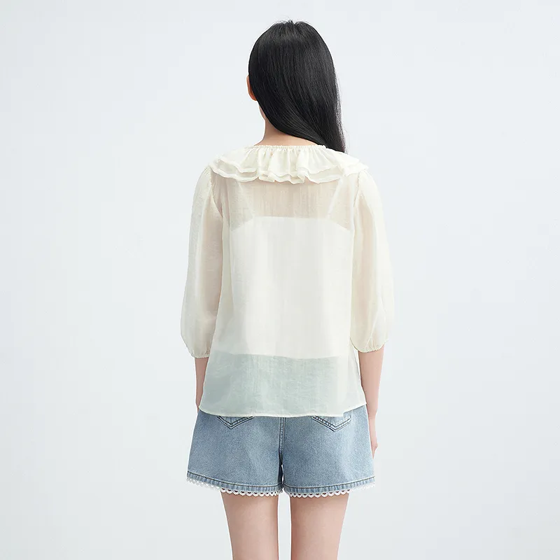 LEDIN Chiffon Shirt Women's Mist White In Stock-6