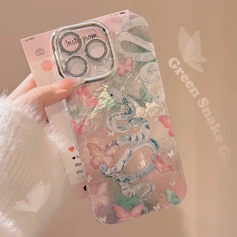 QIZHENG TPU Material Destiny Snake Pink Butterfly Phone Case Compatible With Apple 16 Pro Max/15/14/13/12/11-2