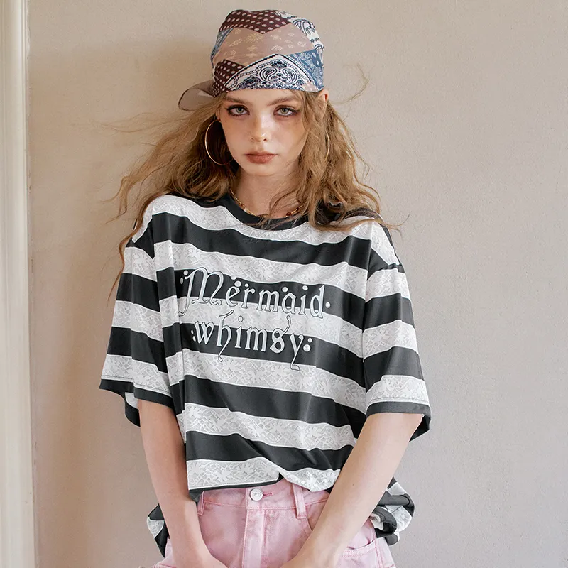 ELF SACK T Shirts Women's Gray Lace Stripes-4