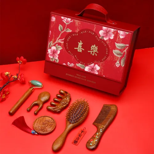XIBI Sandalwood Health Care Comb Box With Meridian Massage Comb Set Zodiac Year Celebration Wedding Comb Straight Hair