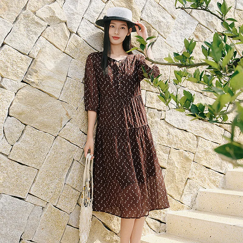 JZ. ANNAKRO Long Sleeved Dress Women's Floral Dark Coffee-2