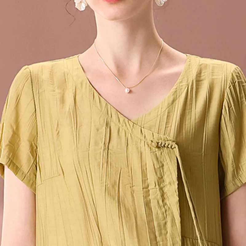 FENHONGMALI Short Sleeved Dress Women's Yellow-5