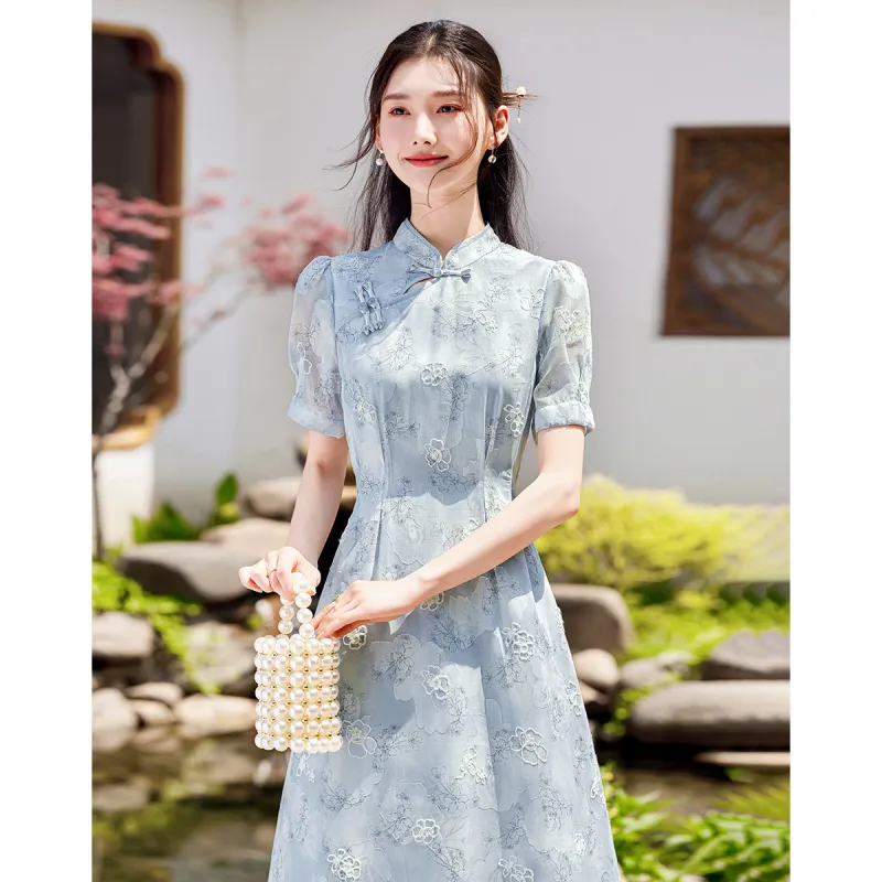 Like The Age Of Water Short Sleeved Dress Women's Blue-1