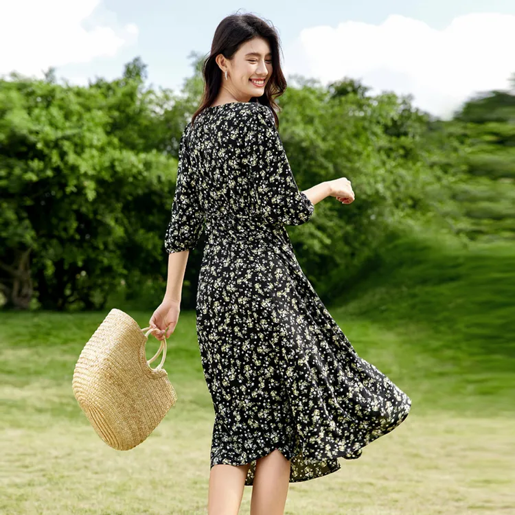 SENTUBILA Long Sleeved Dresses Women's Black Floral-4