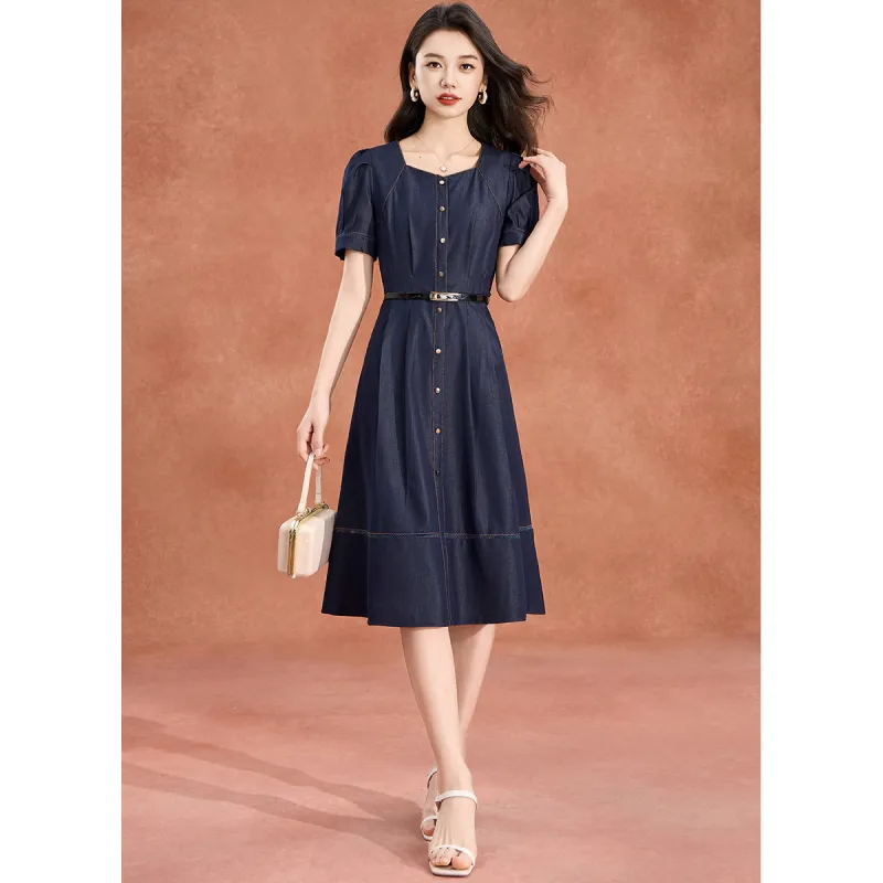Mylan Short Sleeved Dress Cinched Waist Women's Blue-3