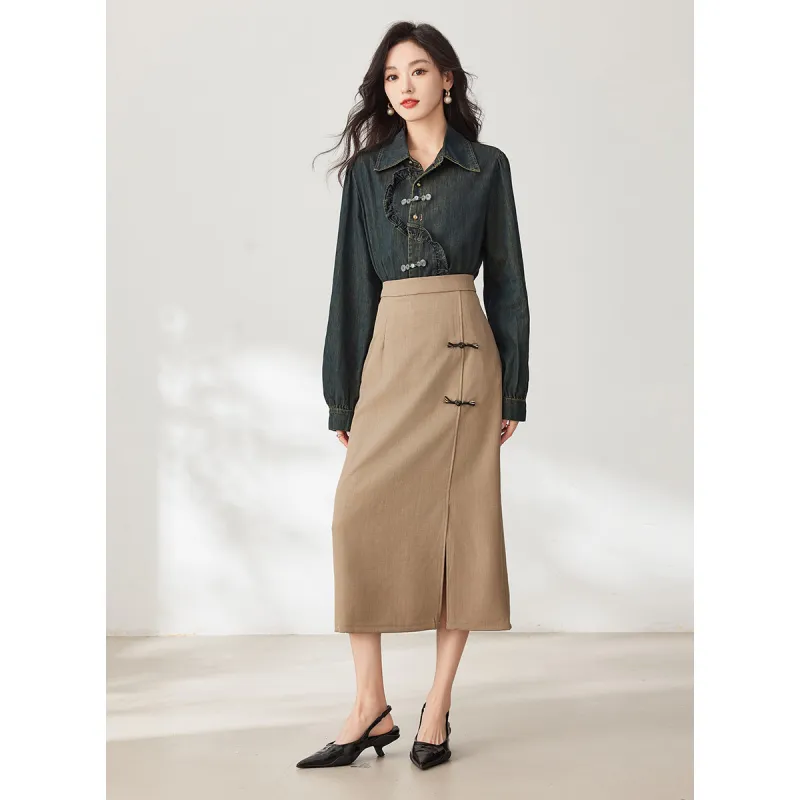 Like The Age Of Water Spring Summer Fall Long Sleeved Dresses Straight Women's Khaki-3