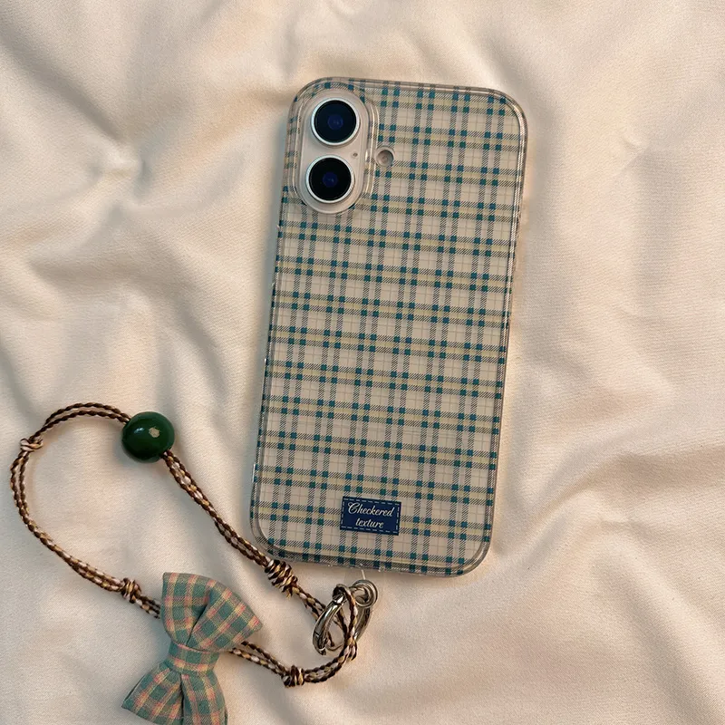 Sopi Acrylic Material Transparent Blue Plaid Label Phone Cases Compatible With IPhone 16/15 Pro Max/Apple 13/14 Pro/Max-1