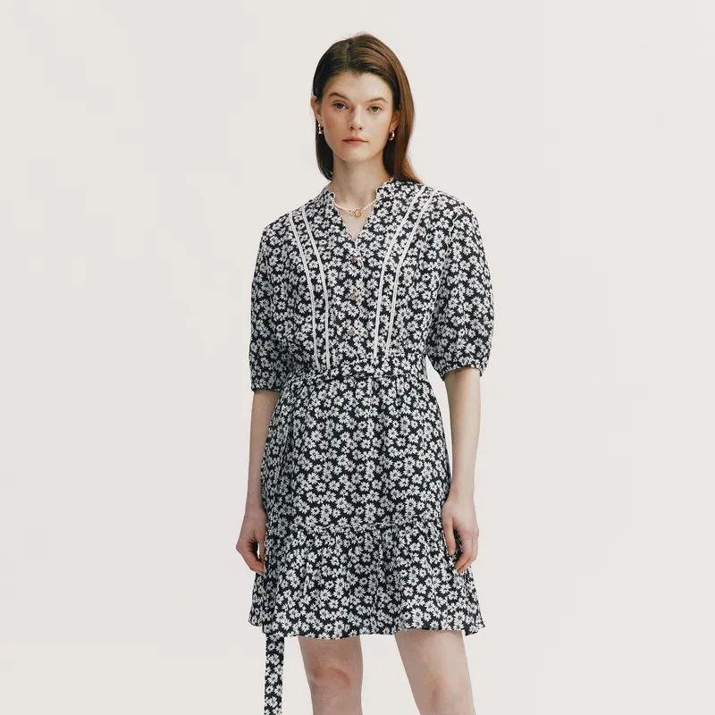 E.land Short Sleeved Dresses Women's Navy Blue-1