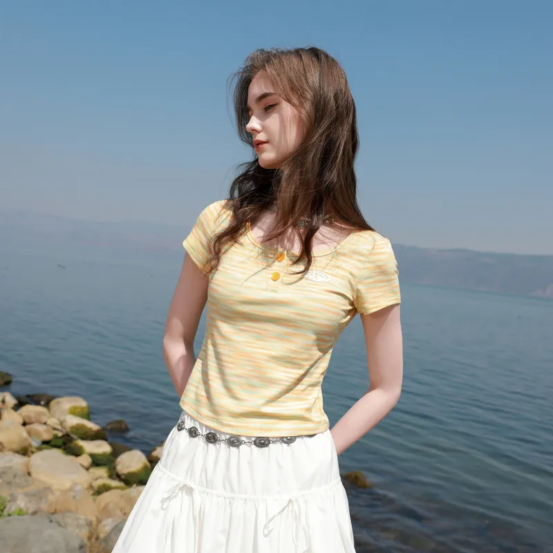 3COLOUR T Shirts Women's Yellow Cream Stripes-4