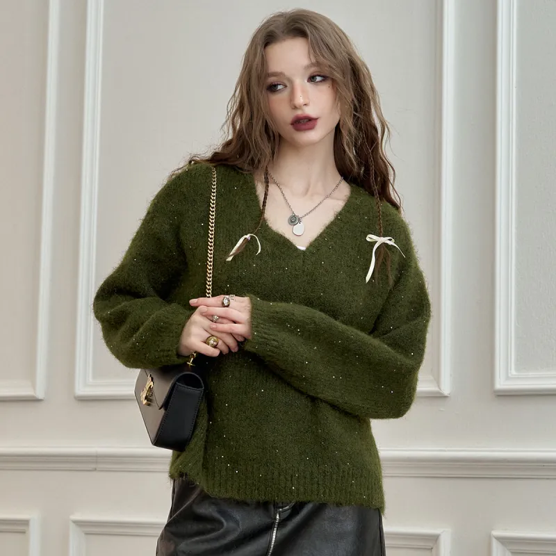 ELF SACK Fuzzy V Neck Pullover Sweater With Fine Sparkle Women's-10