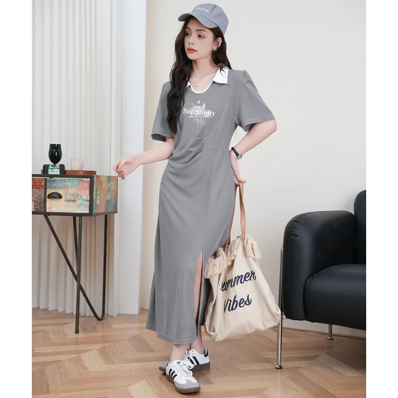 FAWENXIANGZI Short Sleeved Dress Cinched Waist Women's Light Gray-3