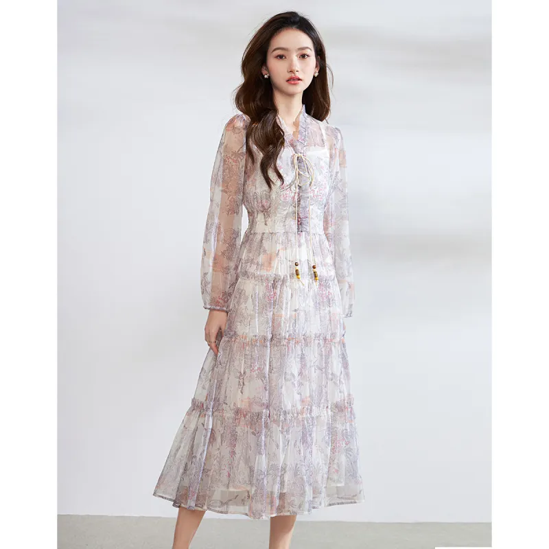 Love Elaine Long Sleeved Dress Women's Floating Clouds And Crane-2