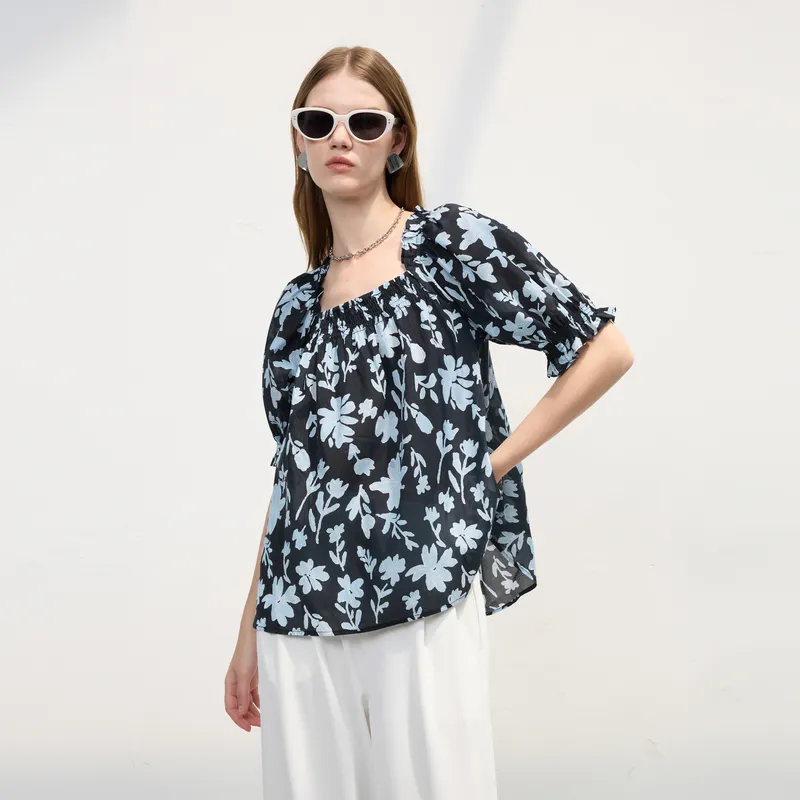 3COLOUR Chiffon Shirts Women's Haze Blue Floral-5