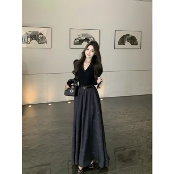 XIANSINIAO Two Piece Skirt Sets Women's Black Top+Skirt Belt Not Included