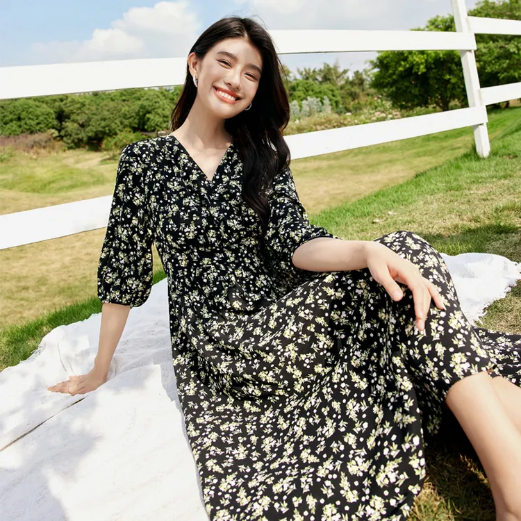 SENTUBILA Long Sleeved Dresses Women's Black Floral-2