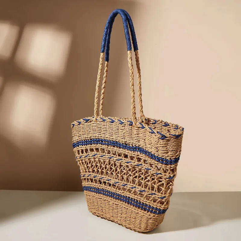 Boniu Straw Shoulder Bag Women's Blue & Camel/Yellow & Camel-2