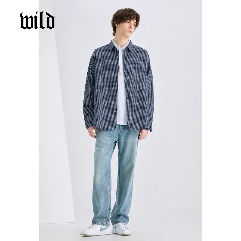 WILD LEADER Shirts Men Navy Blue Plaid[CW51585A17]-3