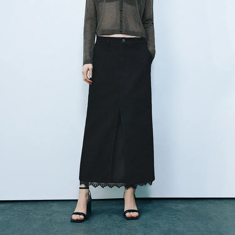 URBAN REVIVO Denim Long Skirt Women's Black-4