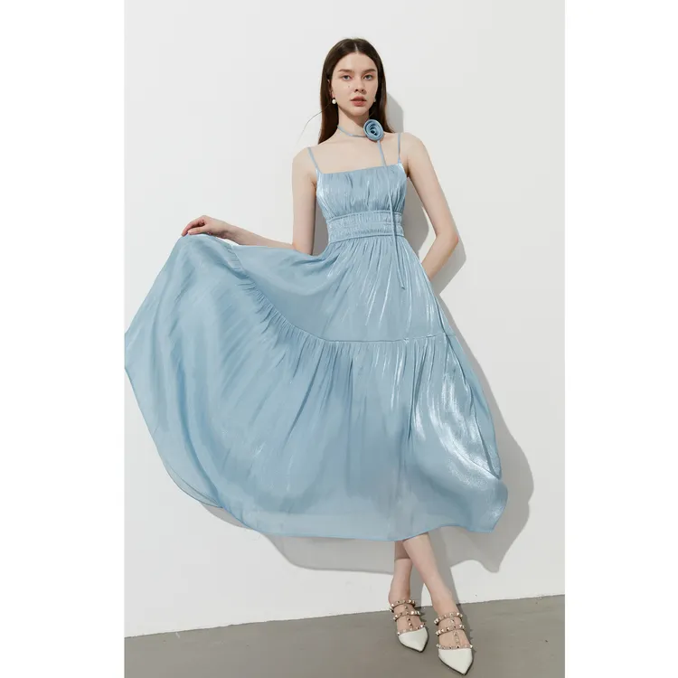 DPLAY Slip Dresses Women's Camisole Dress Sea Salt Blue With Lace Up Floral-4