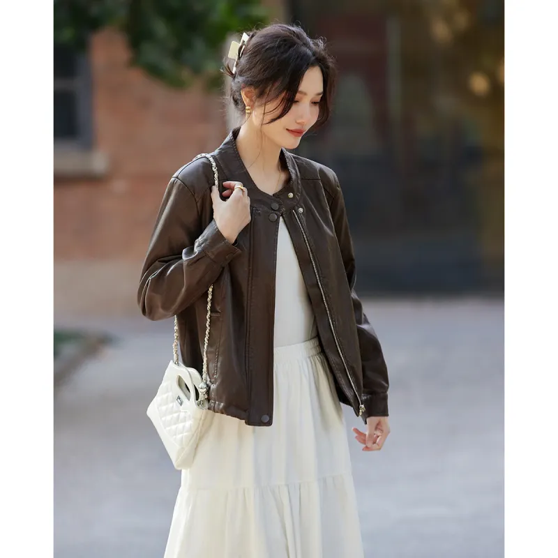TERRE BLEUE Spring Fall Leather Jacket Loose Fit Women's-1