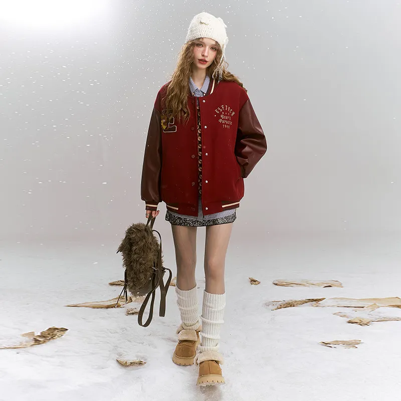 ELF SACK Baseball Jacket Women's Bear Burgundy-6