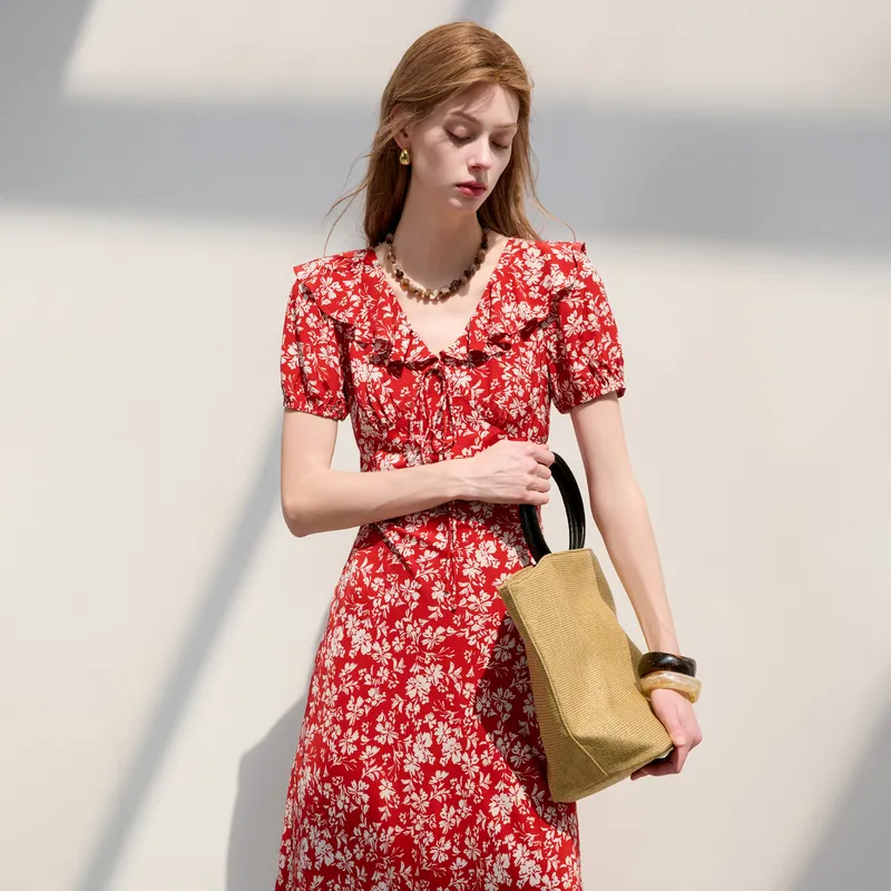 3COLOUR Short Sleeved Dress Women's Red Floral-2