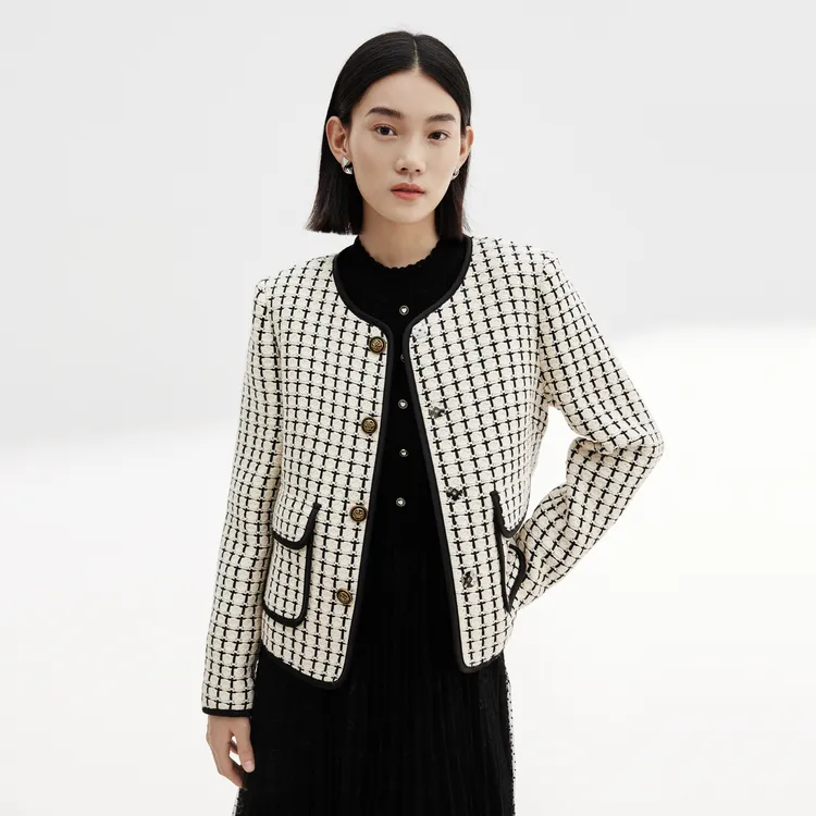 SHUIYUNJIAN Cropped Coats Women's Ivory White Plaid-2