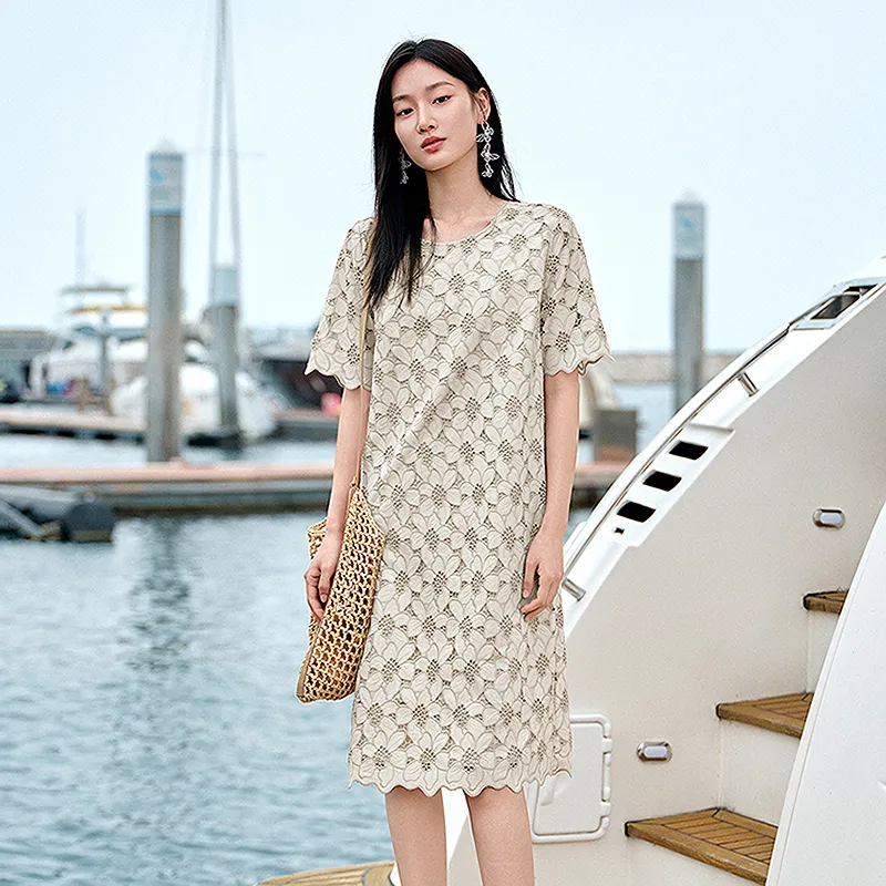 JZ. ANNAKRO Short Sleeved Dress Women's Floral Light Beige-2