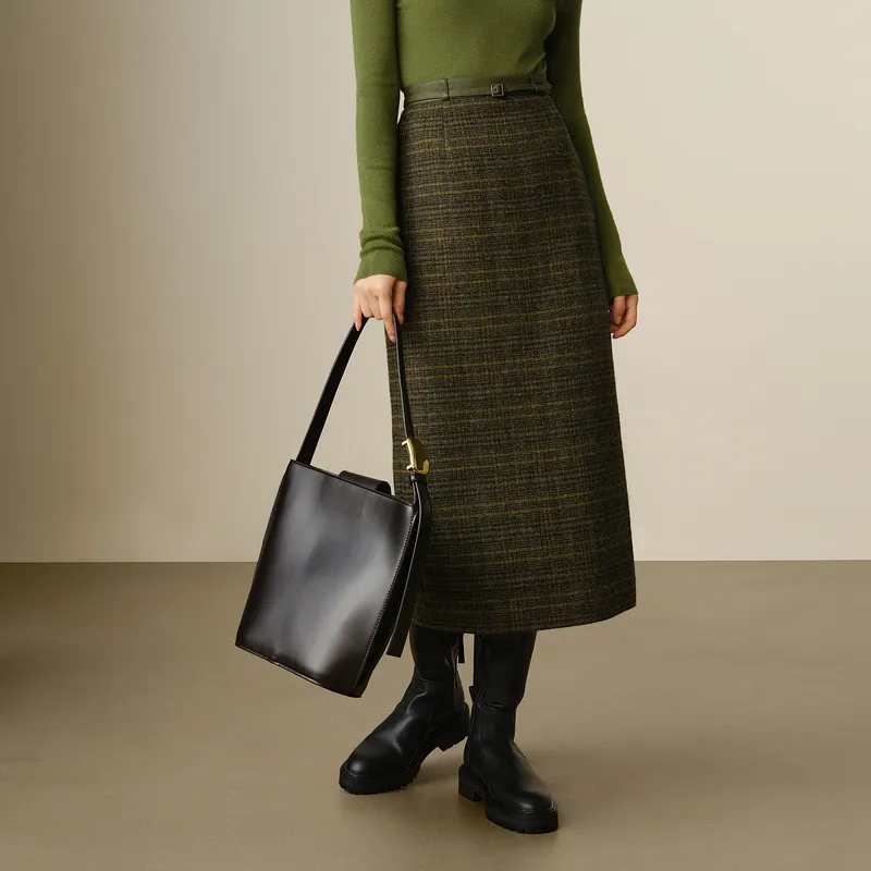 JZ. ANNAKRO Casual Long Skirts Women's Plaid Yellow Green-4