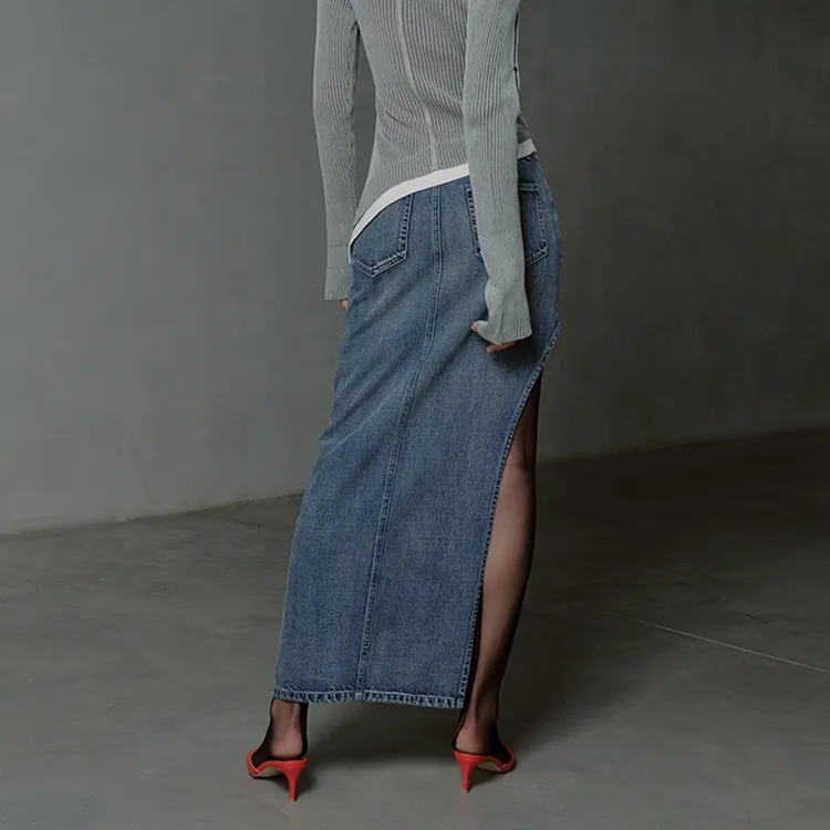 URBAN REVIVO Denim Long Skirt Women's Blue-3