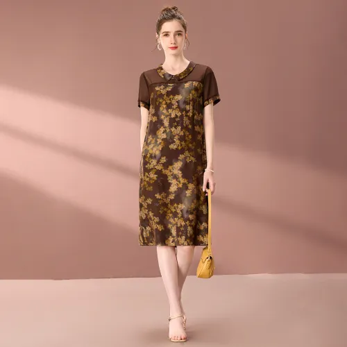 FENHONGMALI Spring, Summer, Fall Short Sleeved Dress Loose Fit Women's Coffee