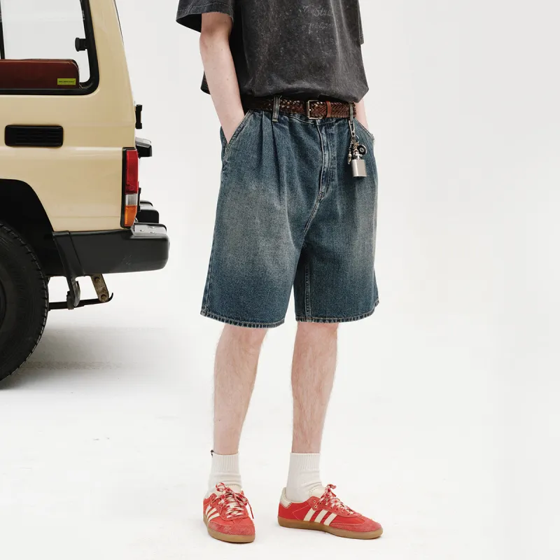 714STREET Textured Bamboo Denim Pleated Shorts Men's Denim Blue-3