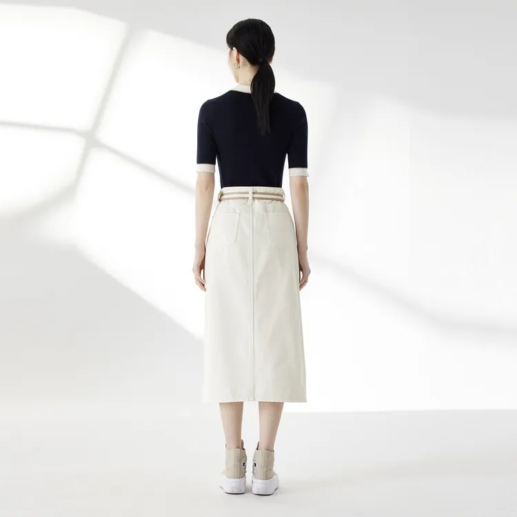 SHUIYUNJIAN Denim Long Skirt Women's Ivory White-5