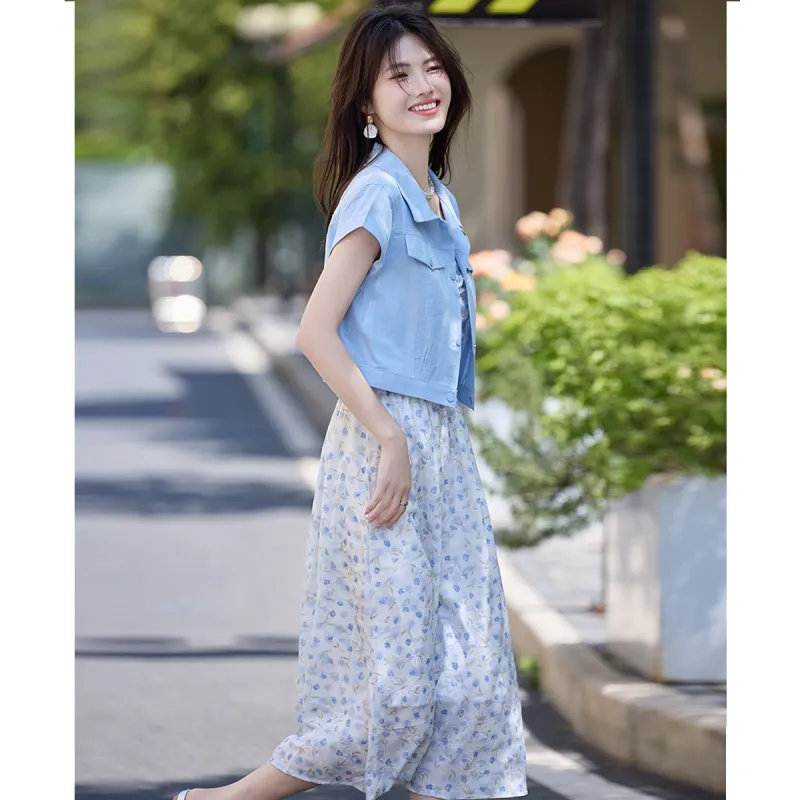 TERRE BLEUE Two Piece Skirt Sets Women's Blue-2