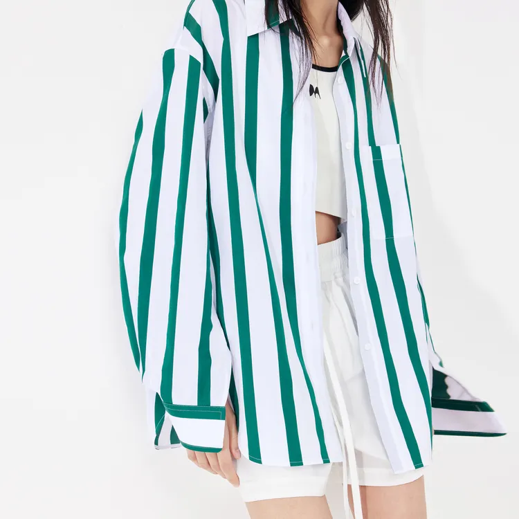MO&CO Shirts Women's Green And White Stripes-3