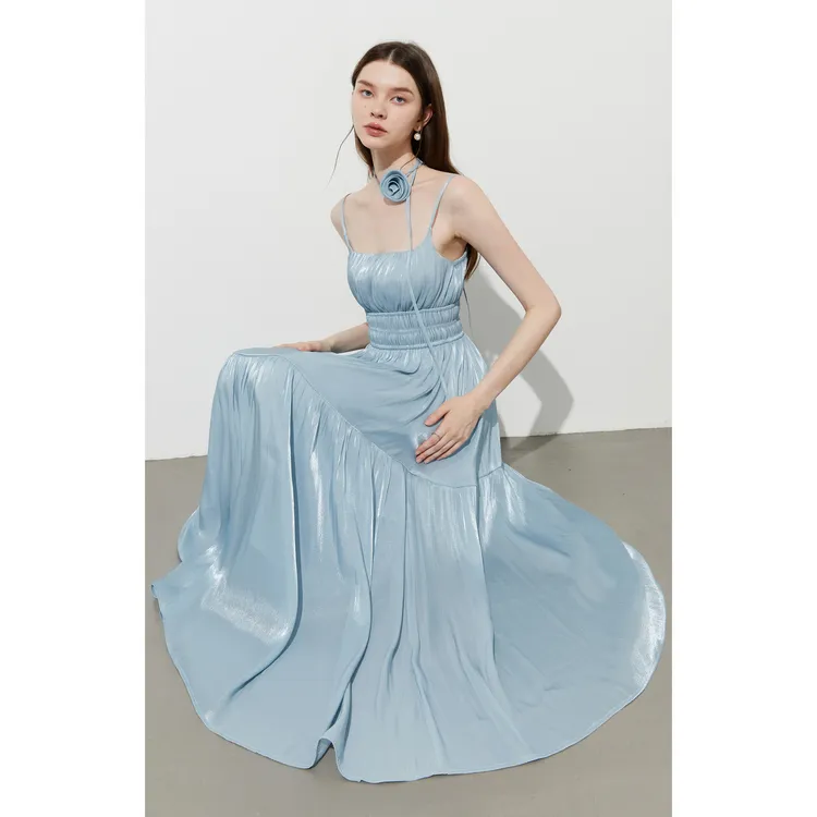 DPLAY Slip Dresses Women's Camisole Dress Sea Salt Blue With Lace Up Floral-2