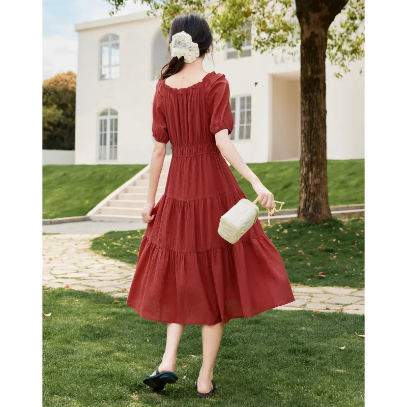 Like The Age Of Water Summer Short Sleeved Dress Slim Fit Women's Red-3