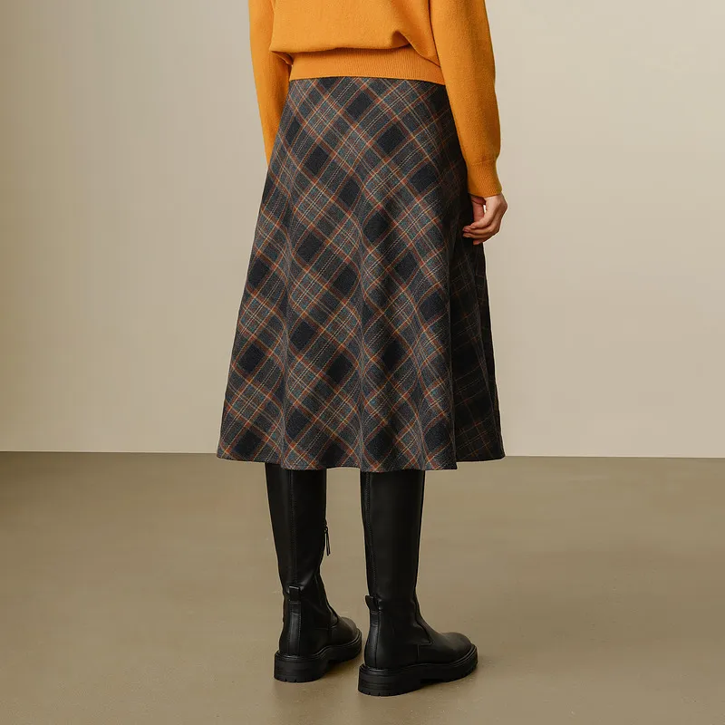 JZ. ANNAKRO Casual Long Skirts Women's Plaid Yellow Green-3