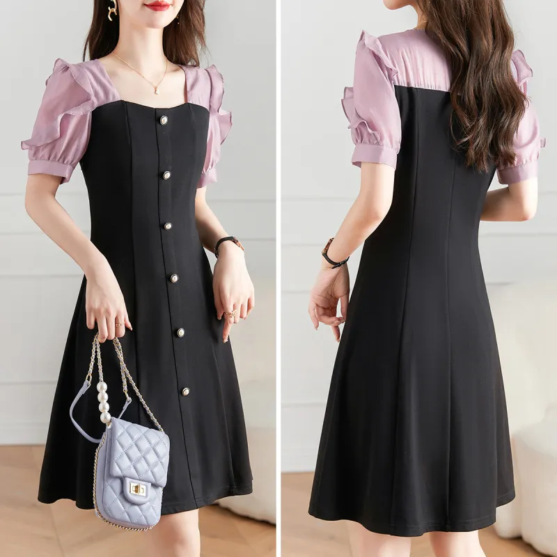 Like The Age Of Water Summer Short Sleeved Dress Slim Fit Women's Black-3