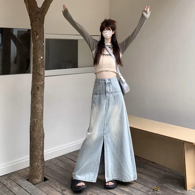 XIANSINIAO Denim Long Skirt Women's-1