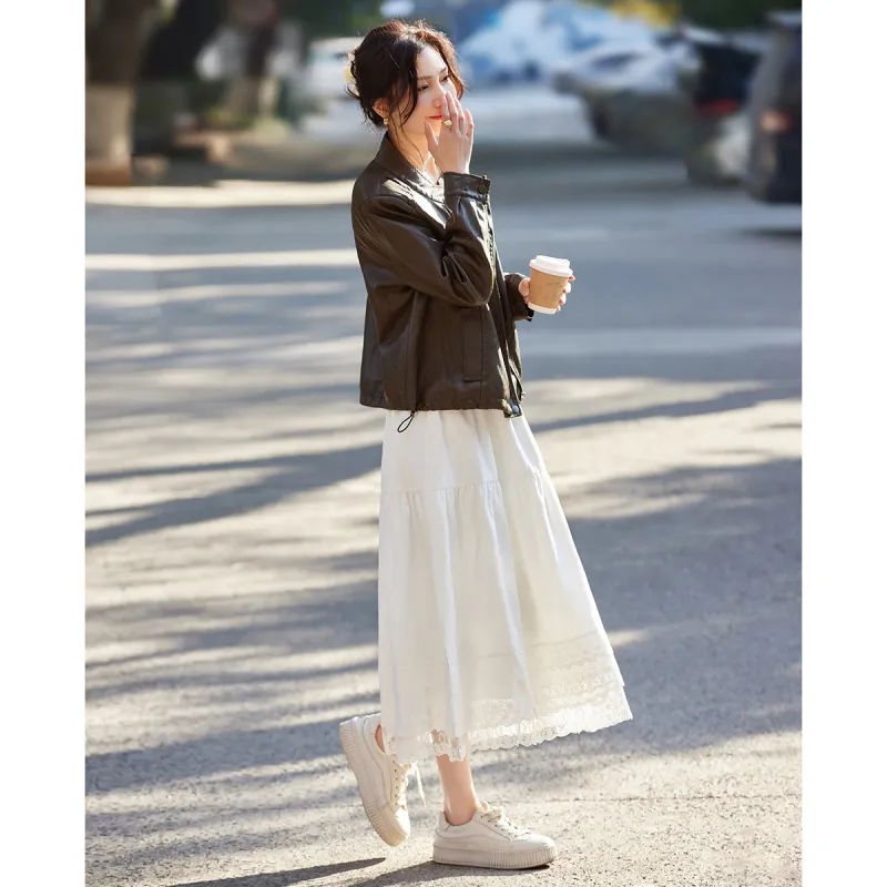 TERRE BLEUE Spring Fall Leather Jacket Loose Fit Women's-6