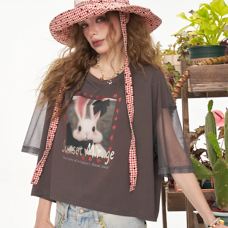 ELF SACK T Shirts Women's Naughty Rabbit Gray-2